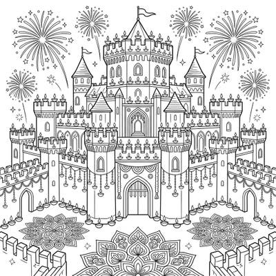 Step into a world of festive wonder with this elaborate castle coloring page, beautifully decorated for Diwali. Discover the intricate details of diyas, rangoli, and fireworks, waiting for your creative touch.