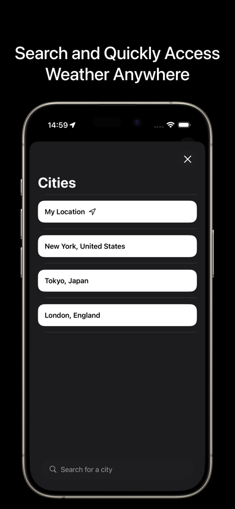 iWear: Weather Fit - Interface of the iWear weather app showing a list of saved cities like New York and Tokyo with a search bar for quick access.