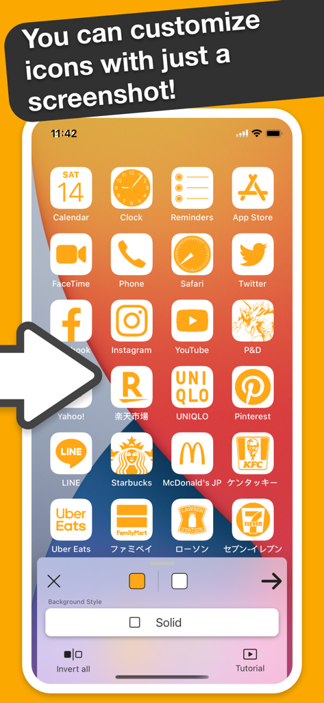 Ycon - Icon Customizer - iPhone home screen showing unified yellow app icons customized by Ycon using the screenshot feature