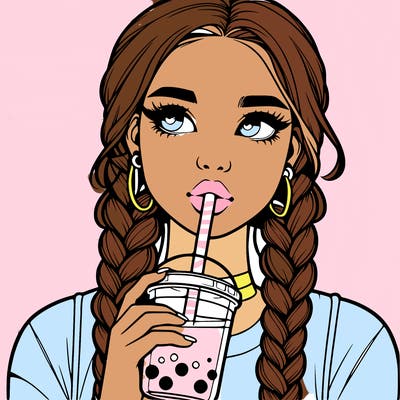 realistic girl with braided hair drinking boba