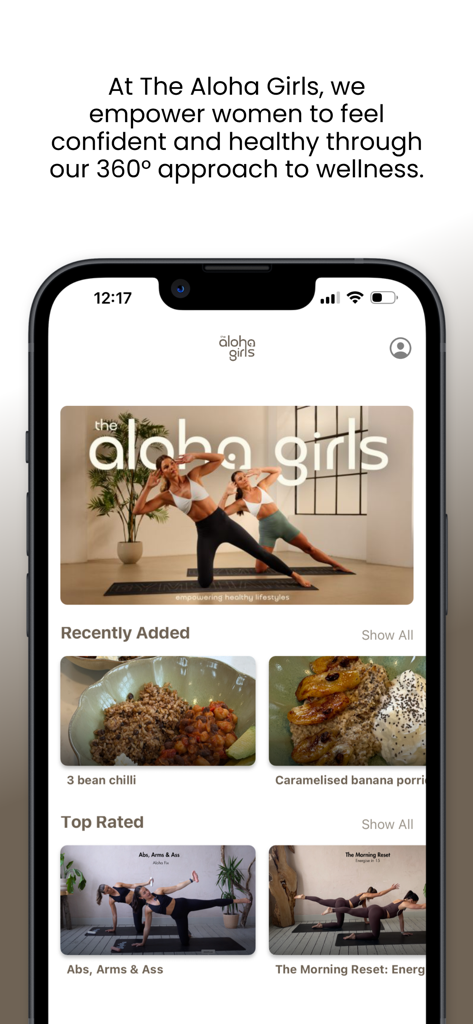 The Aloha Girls - The Aloha Girls mobile app home screen featuring pilates workouts and healthy nutritionist recipes