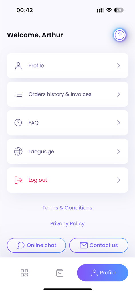 Tela de perfil do usuário do aplicativo eSIM de viagem SimOptions mostrando configurações da conta e botões de contato de suporte