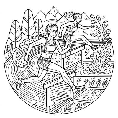 Capture the energy of the track with this exciting coloring page featuring two determined steeplechase athletes. Jump over hurdles and splash through water as you bring this dynamic sports scene to life.