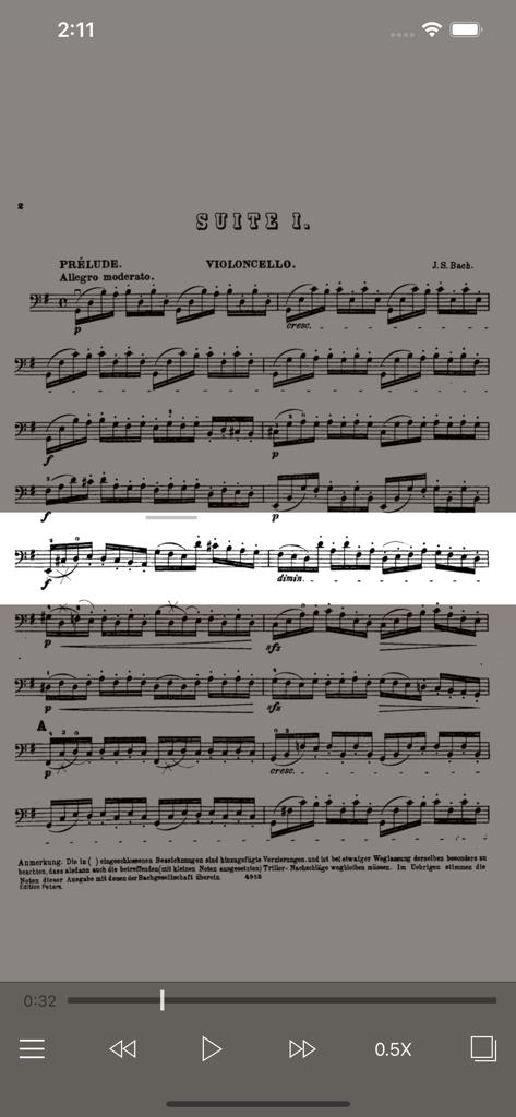 Bach Cello Suites - SyncScore - SyncScoreアプリのバッハ チェロ組曲第1番の楽譜、再生ハイライトとナビゲーションコントロール付き