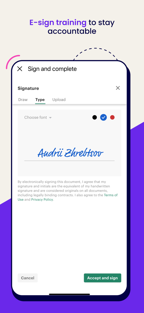 Trainual - Trainual mobile app interface showing a screen to e-sign and complete business training