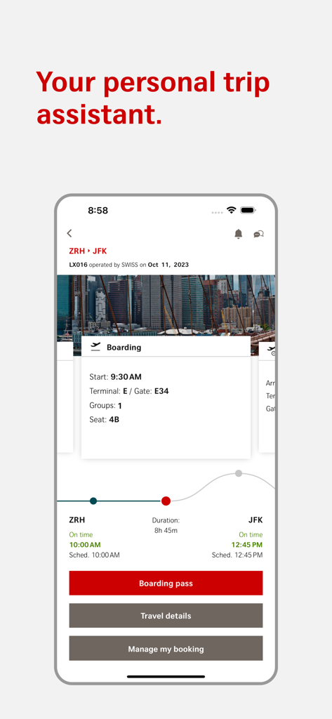 SWISS Mobile-App-Bildschirm mit Flugdetails von Zürich nach New York mit Boardingzeit, Gate und Sitzplatzinformationen