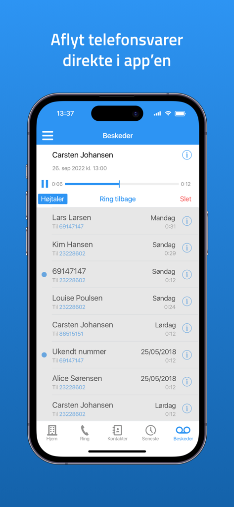 Myfone app visual voicemail screen showing a list of recorded messages with playback and call back options
