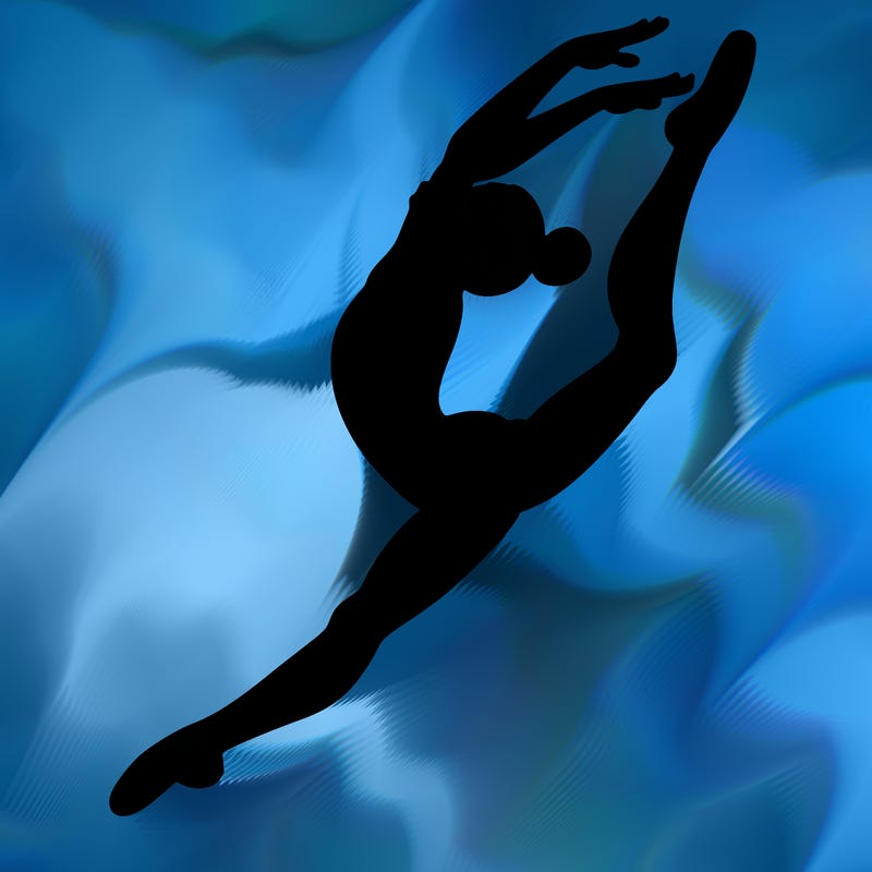 gymnast doing a leap in a leotard with a bent back leg