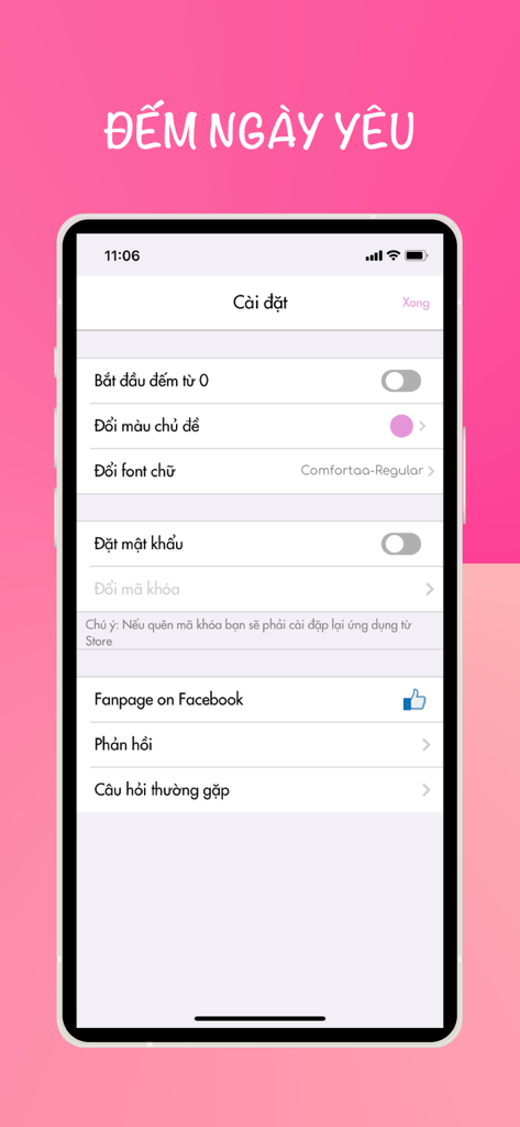 inlove - love counter - Pantalla de configuración de la aplicación inlove que muestra opciones para la personalización del color del tema, la selección de fuentes y la seguridad de la contraseña.