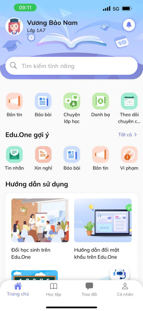 Home screen of the Edu.One app displaying student information and school management features
