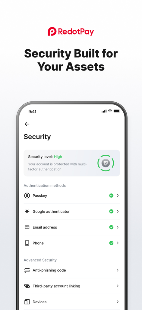 Interface de l'application RedotPay montrant les paramètres de sécurité avancés, y compris les passkeys et l'authentification multifacteur.