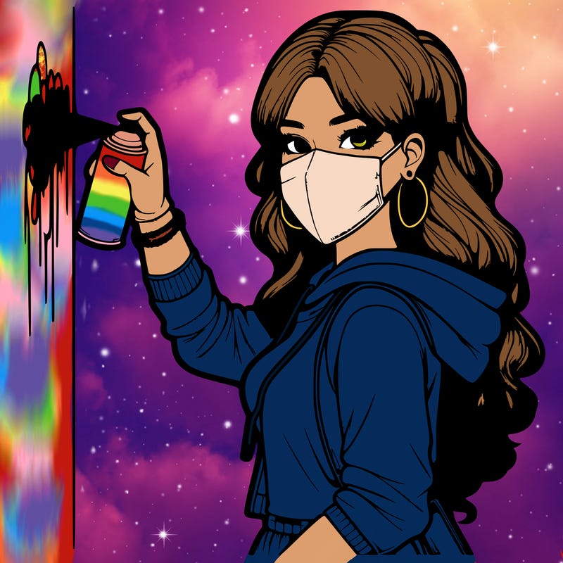 realistic girl with mask spray painting a wall