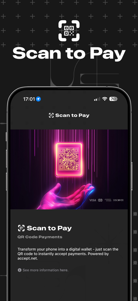 Interfaccia dell'app mobile Scan to Pay per accettare pagamenti con codice QR