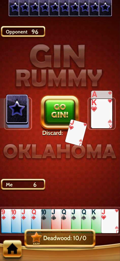 Gin Rummy Classic card offline - Vista dentro del juego de Gin Rummy Classic sin conexión con el modo Oklahoma y la opción Go Gin
