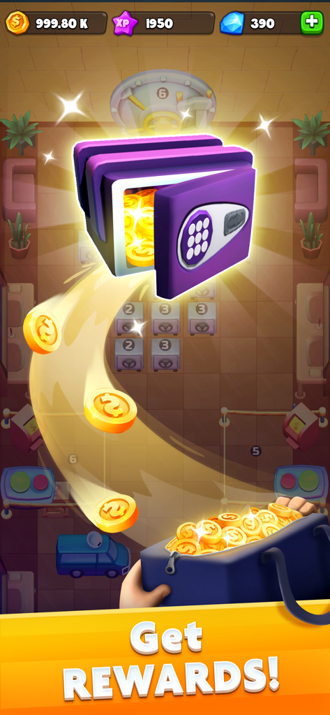 Merge Robbers: Idle Mining - Monedas de oro saliendo de una caja fuerte abierta hacia una bolsa en Merge Robbers