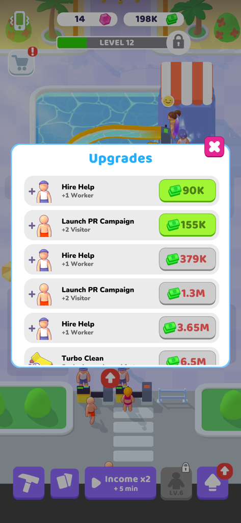 My Aquapark: Idle Water Empire - Screenshot of the upgrades menu in My Aquapark showing worker and visitor management options