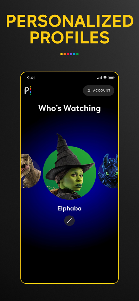Peacock TV App personalisierte Profilbildschirm mit Charakter-Avataren und einer Eingabeaufforderung zum Auswählen, wer zuschaut.