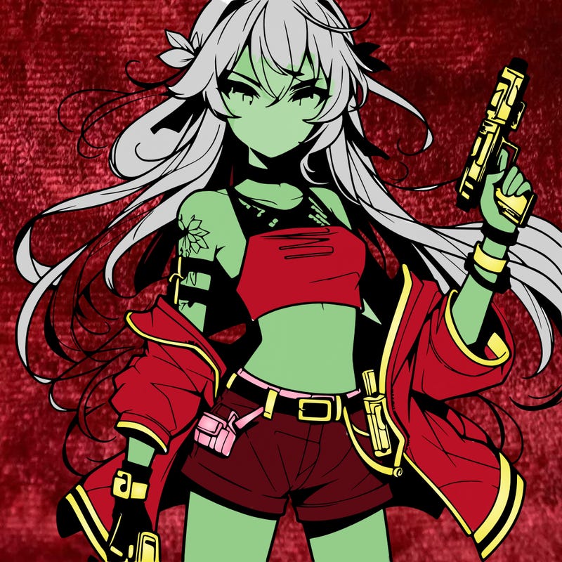 bad girl wearing crop top holding a gun long hair anime