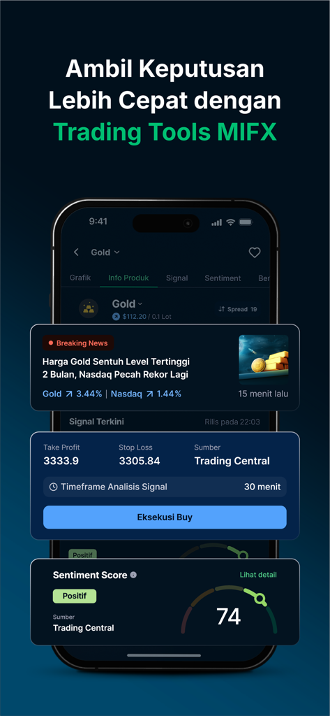 Interfaz de la aplicación móvil MIFX que muestra noticias del mercado del oro, señales de trading y puntuaciones de sentimiento.