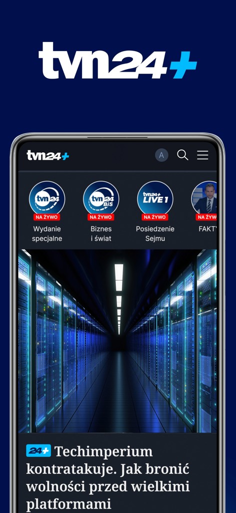 Interfaz de noticias de la aplicación TVN24 plus con transmisión de noticias en directo y un artículo destacado en polaco
