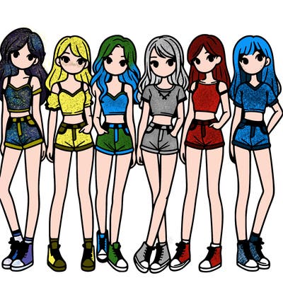 a group of girls wearing crop tops and shorts