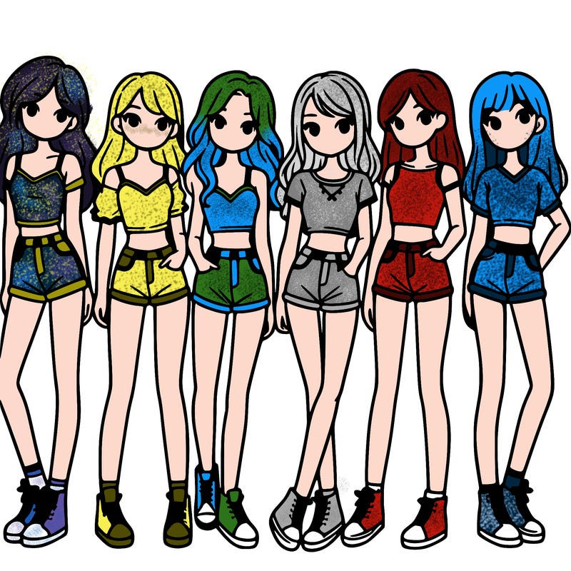 a group of girls wearing crop tops and shorts