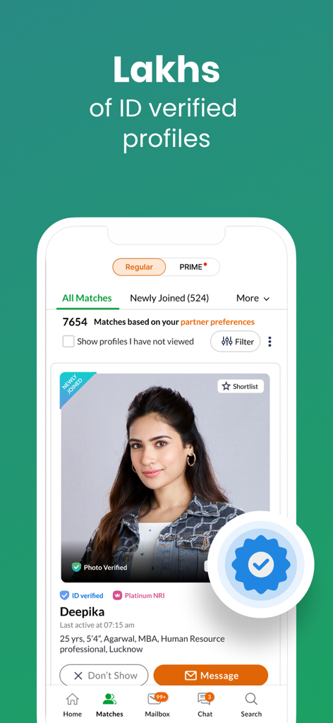 Ein Screenshot der Kerala Matrimony App-Oberfläche, der ein Frauenprofil mit ID-verifizierten und Platinum-NRI-Badges zeigt