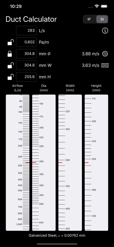 Interface of the Duct Calculator app showing airflow and dimension sliders for HVAC professionals