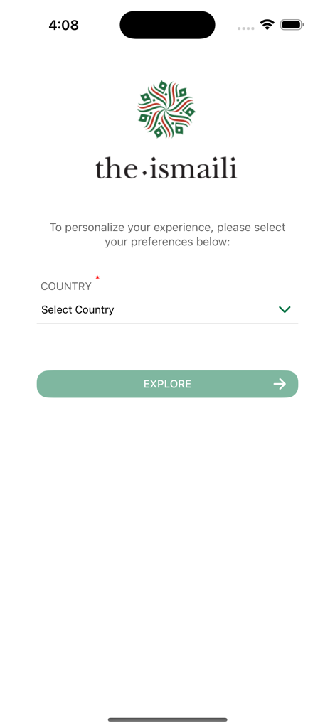The Ismaili official app onboarding screen showing a country selection dropdown and explore button