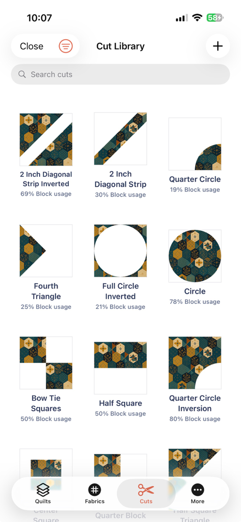A menu in the Quiltler 3 app showing a library of different quilt block cuts and shapes with usage percentages.