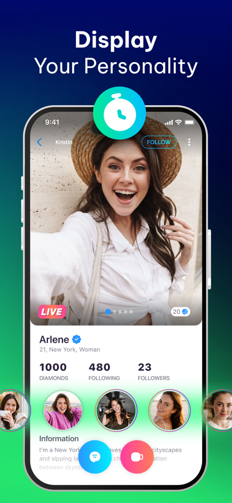Nozy app user profile screen showing live status and social engagement features