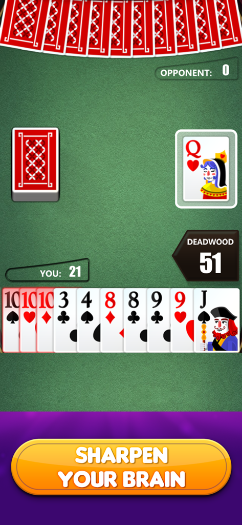 Interfaz del juego móvil Gin Rummy mostrando cartas grandes y legibles sobre un fondo verde con una llamada a la acción para agudizar tu cerebro