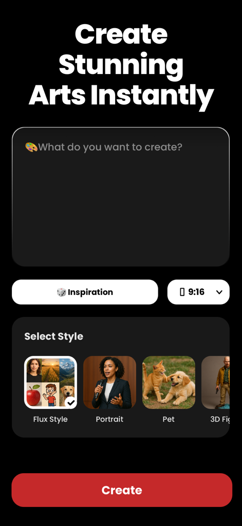 FLAI - New AI Photo Generator - FLAI AI Photo Generator interface for creating art from text with style options like portrait and pet