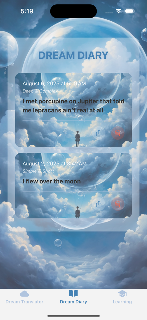 구름 배경에 날짜와 해석 유형이 포함된 기록된 꿈 항목을 보여주는 꿈 번역기 앱의 꿈 일기 화면