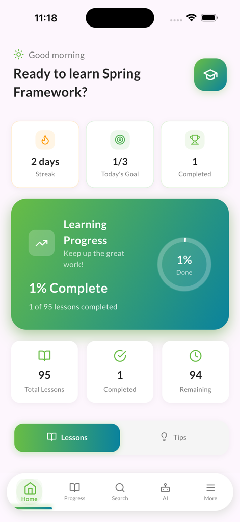 Dashboard der Learn Spring Java Web Coding App, das den Kursfortschritt und Lektionsstatistiken anzeigt
