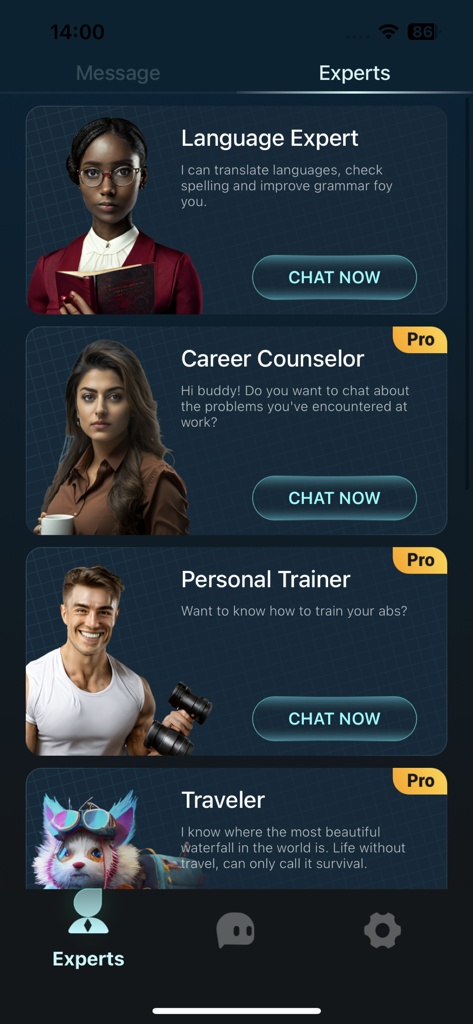 AI ChatBot GPTalk AI Generator - GPTalk app interface showing AI experts for language career counseling and personal training