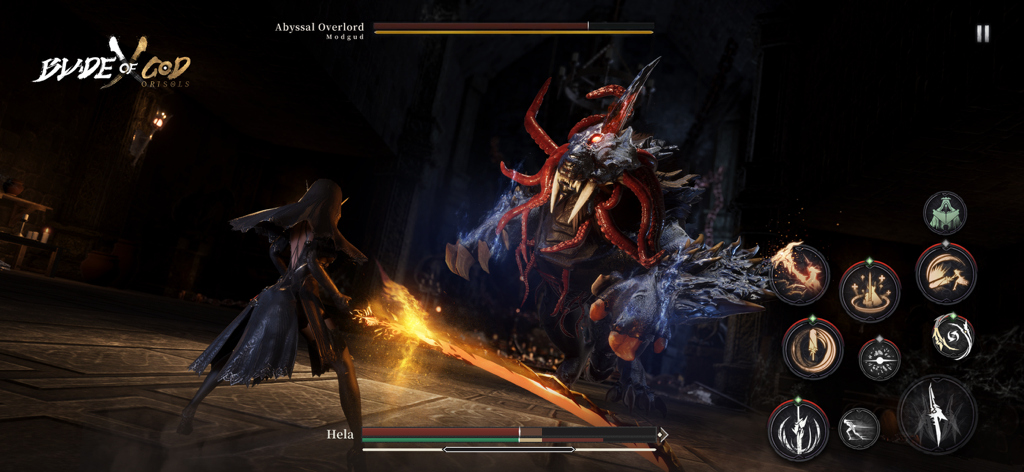 Blade of God X: Orisols - Hela wielding a flaming sword against the Abyssal Overlord boss in a dark fantasy dungeon