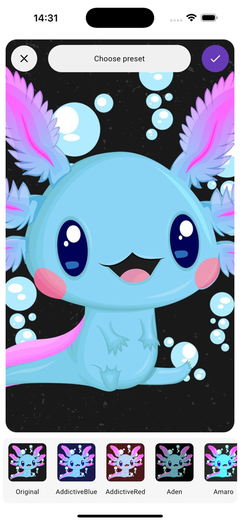 Mobile app interface showing color filter presets for a cute cartoon axolotl wallpaper