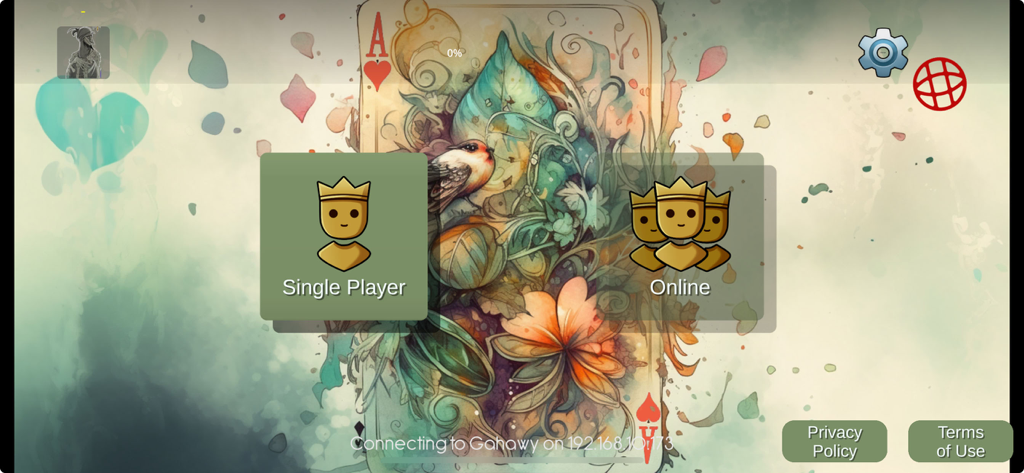 Trex card game main menu with single player and online mode selection