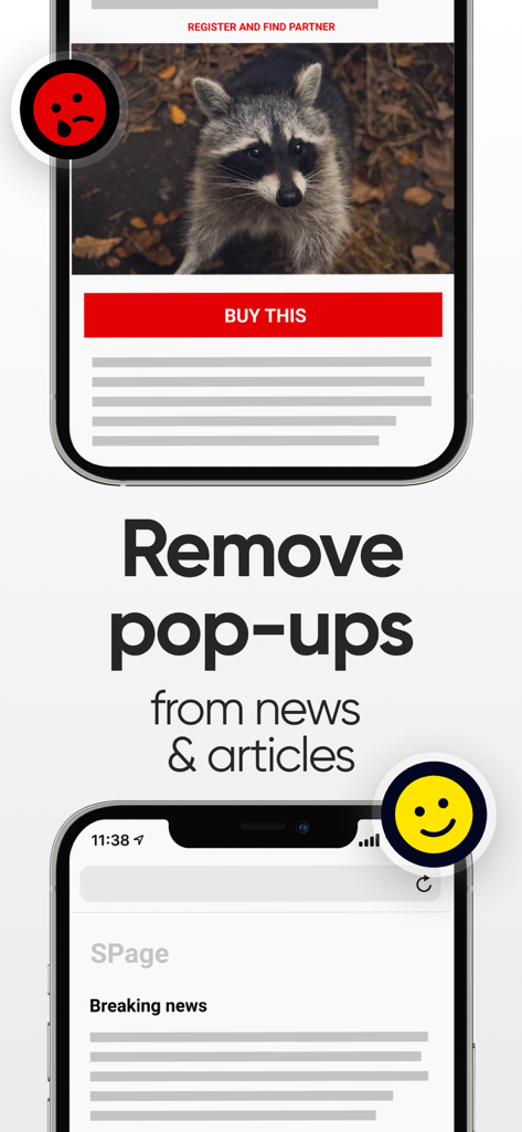 AdLock: Ads Blocker & Privacy - A comparison showing a news article with a large intrusive pop up ad versus a clean version with ads removed by AdLock