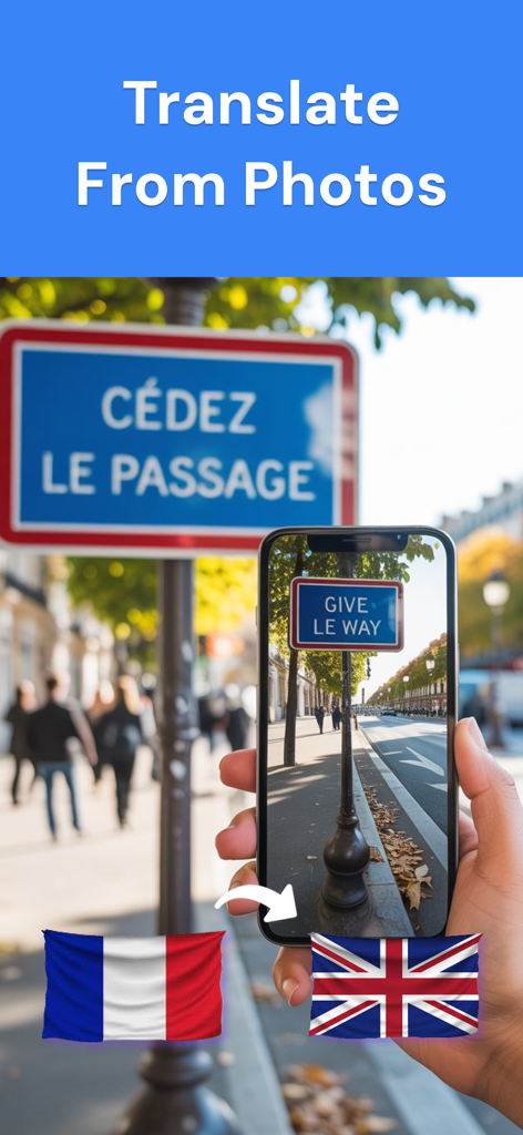 Tela de um telefone móvel traduzindo uma placa de trânsito francesa para o inglês usando o recurso de tradução de fotos do Live Translator