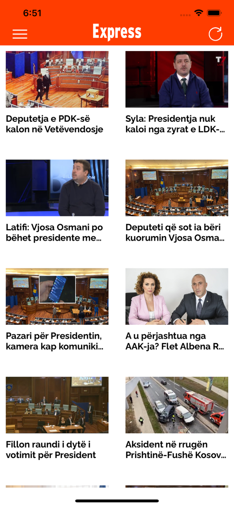 Gazeta Express mobile app news feed showing headlines and articles in Albanian