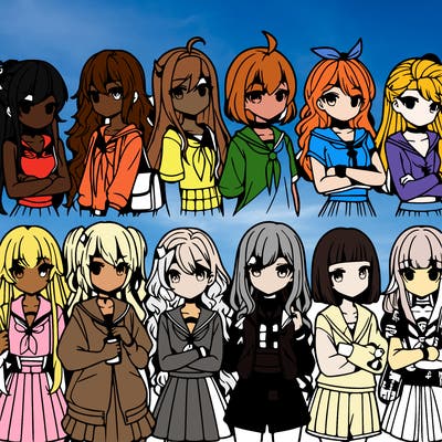 different anime girls in a row