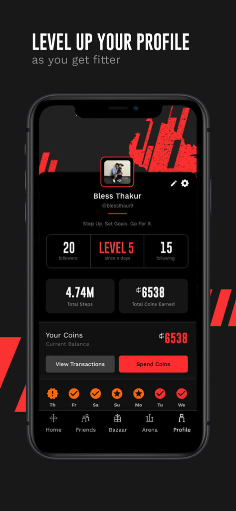 StepSetGo: Step Into Rewards - A user profile in the StepSetGo app showing level progress total steps and accumulated reward coins