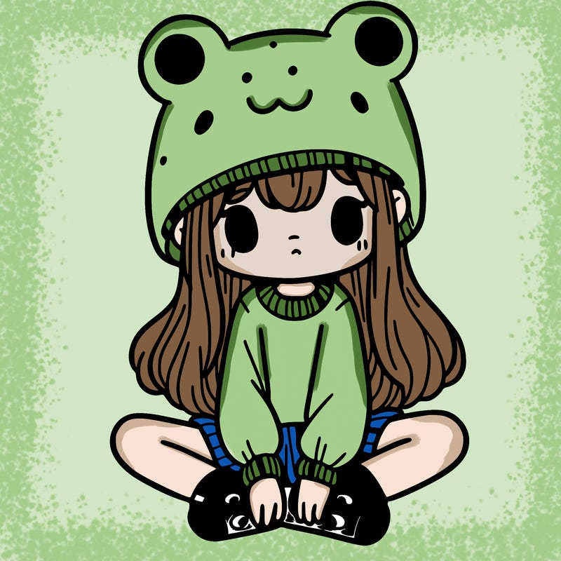 a girl wearing a frog hat and some frog socks