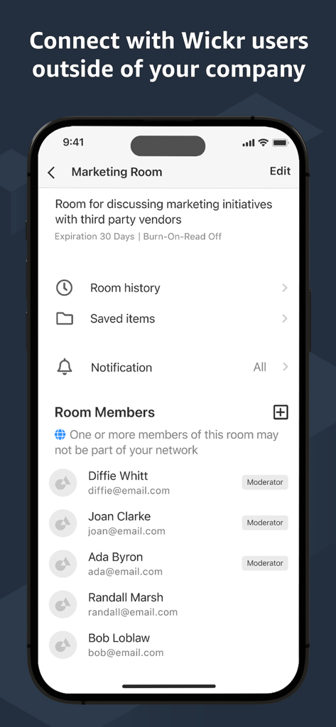 AWS Wickr mobile interface showing a secure messaging room with external members and configurable security settings.
