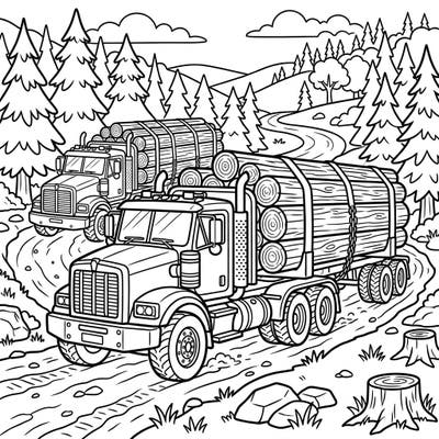 Get ready for a big adventure with our dynamic logging trucks coloring page, specially designed for kids aged 4-8. Watch these mighty vehicles transport timber through a bustling forest scene.