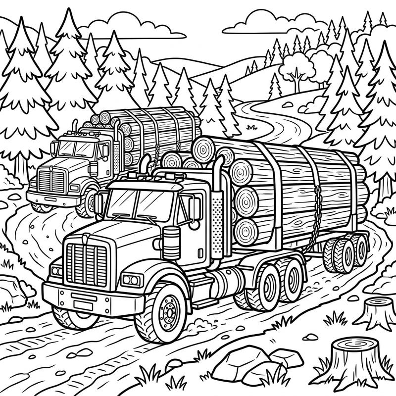 Get ready for a big adventure with our dynamic logging trucks coloring page, specially designed for kids aged 4-8. Watch these mighty vehicles transport timber through a bustling forest scene.