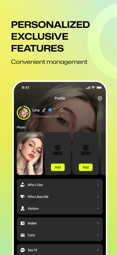 Metya - Web3 Dating & Social - A mobile interface for the Metya dating app showing a user profile with photo uploads, social interaction logs, and a digital wallet integration.