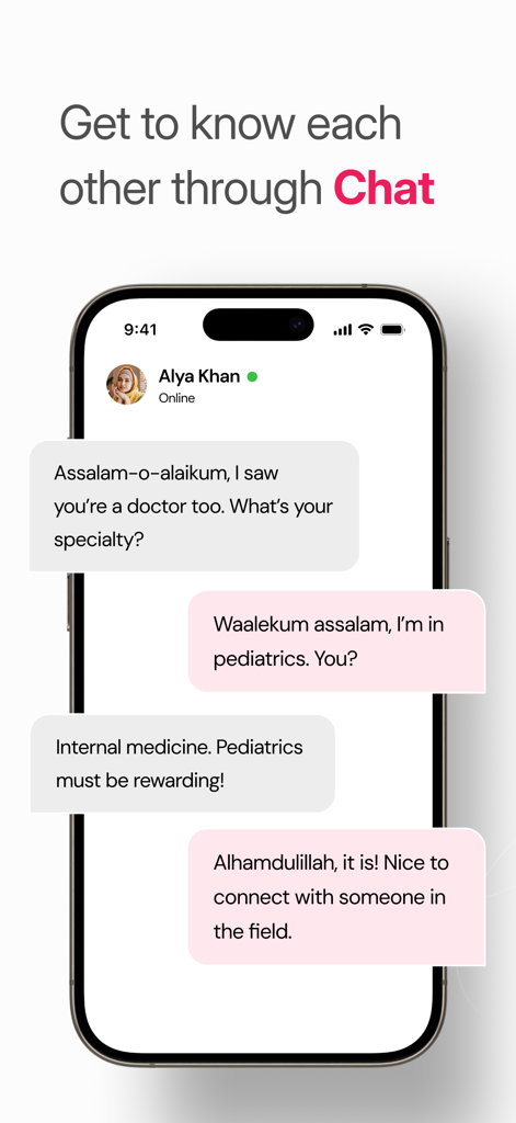 NikahForever Muslim Matrimony - A respectful chat conversation between two Muslim professionals on the NikahForever app